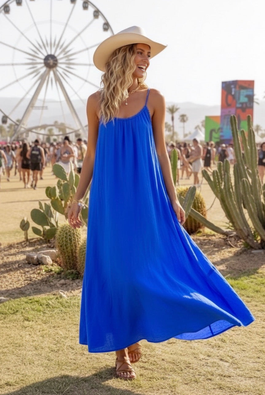 Robe Longue Bohème SOLEIADO – Coton Fluide & Pompons🌵💙