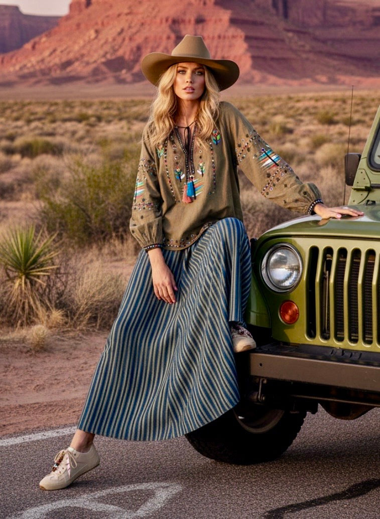 Jupe PERRY Viscose Rayée Bleu Denim