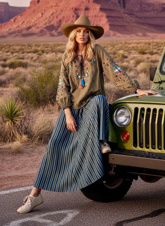 Jupe PERRY Viscose Rayée Bleu Denim