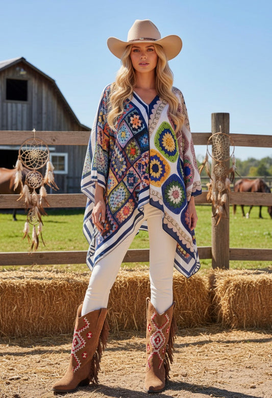 Blouse Poncho Fluide Effet Patchwork WILD – Style Boho Chic🌸
