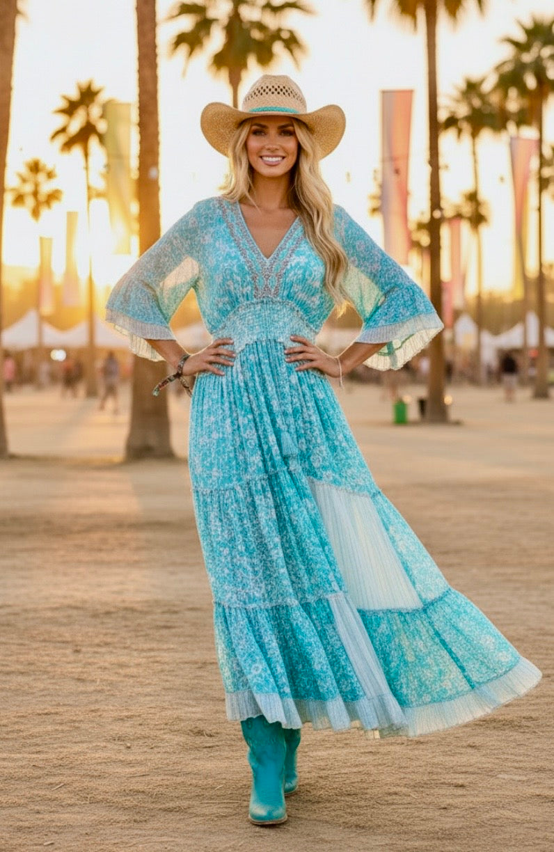 Robe Longue Bohème COACHELLA | Floral Turquoise, Broderie Sequins & Perles💫🌙