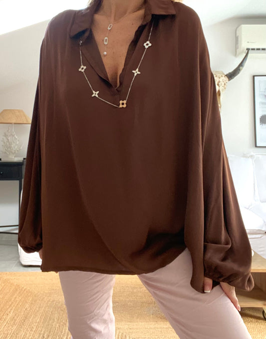 TILA chocolate silk oversized blouse