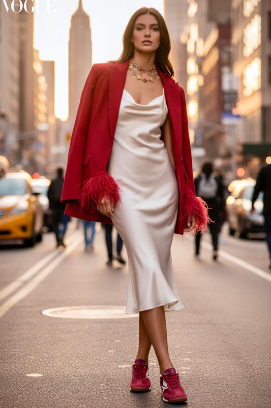 Blazer SCARLETT Rouge Plumes – Veste Femme Tendance♥️