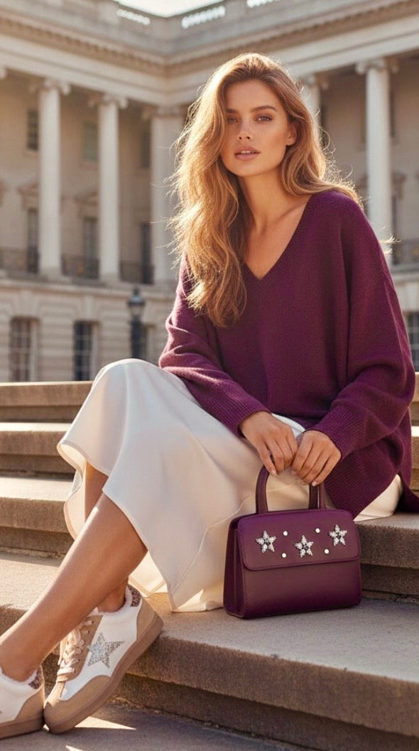 Pull Femme Aubergine Fluide ASHLEY – oversize, Toucher Cachemire