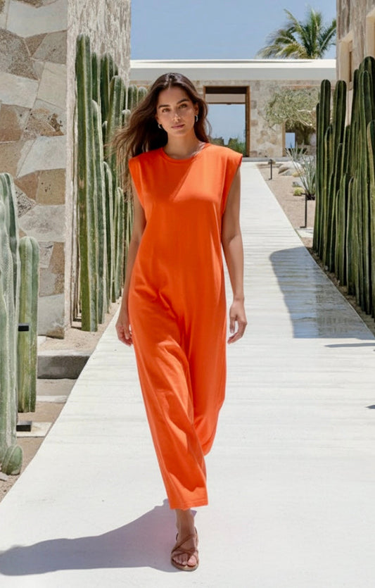 Robe Longue de Plage LADY – Coton Extensible | Col Rond | Élégance Intemporelle Resort