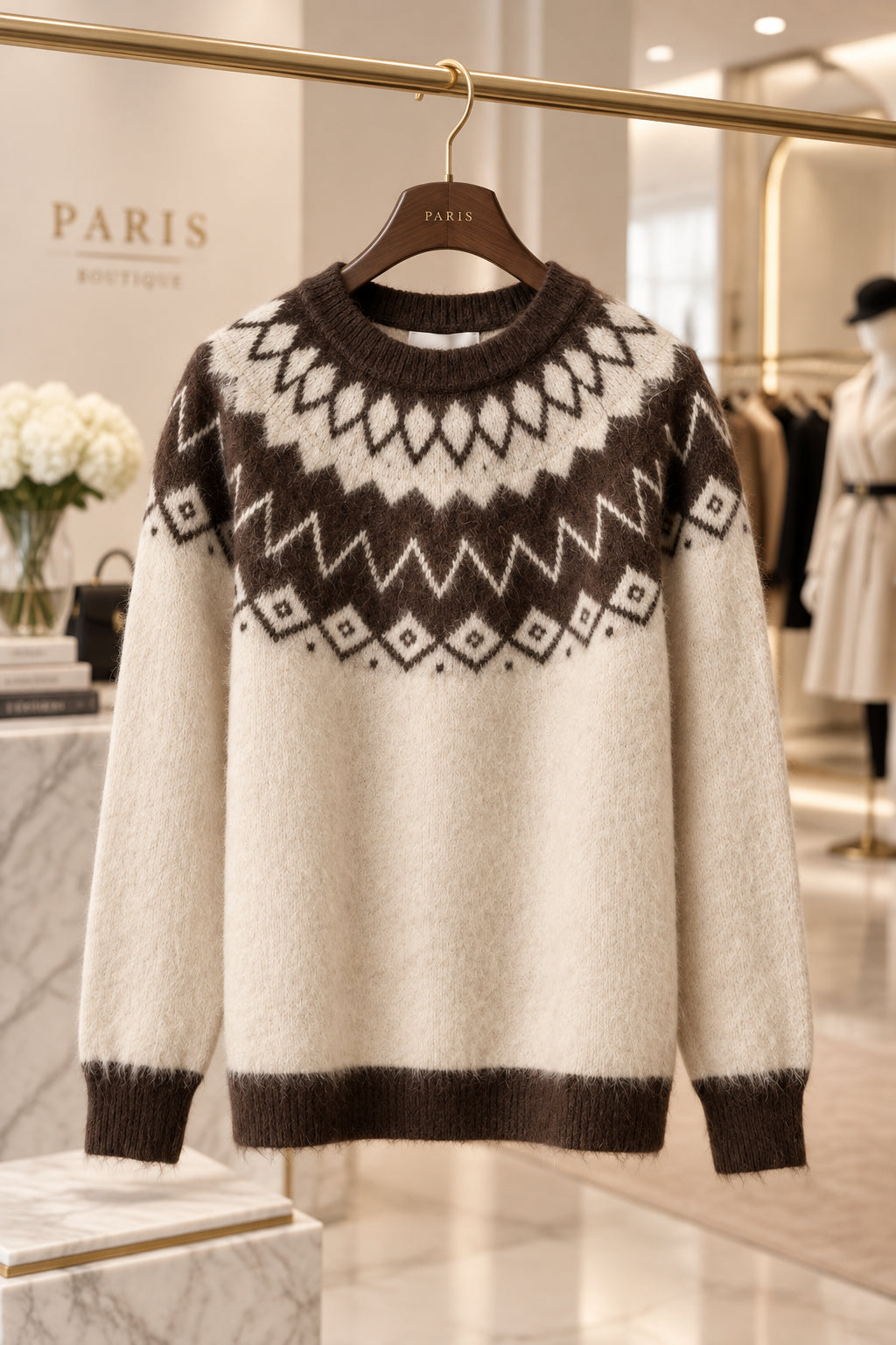 Pull jacquard femme LOU – Crème et chocolat