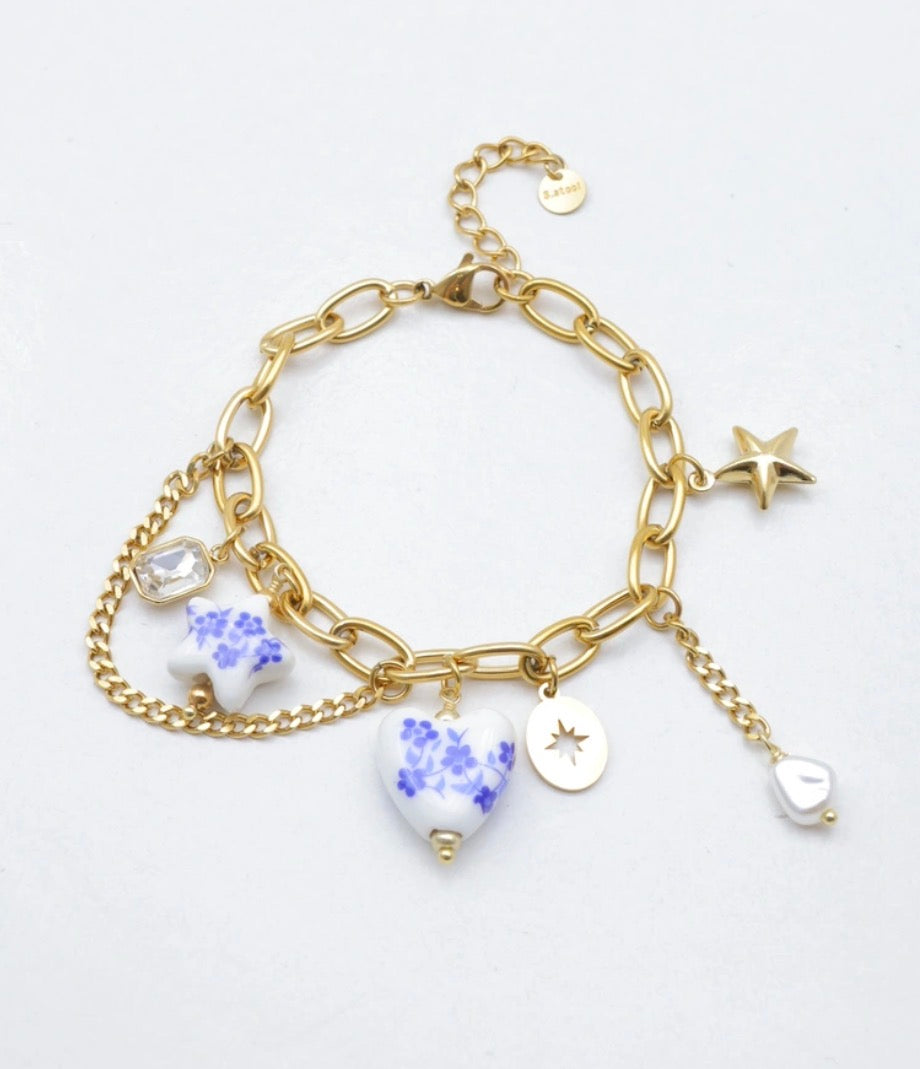 Bracelet  Breloques Doré FIDJI – Collier Bohème Femme Cœurs & Croix🩵