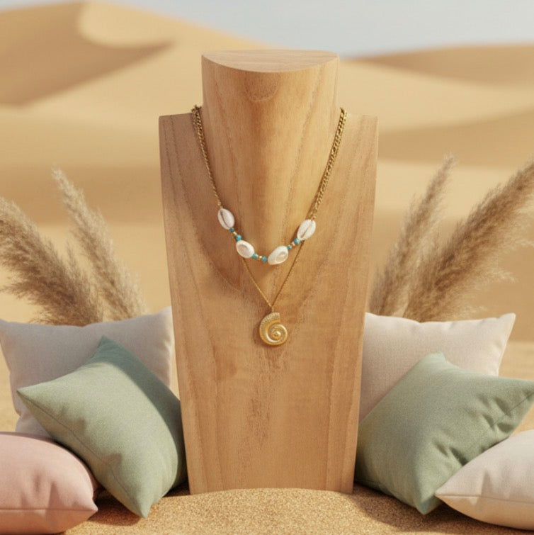 Collier Double Rang Coquillages & Turquoise OCEANA | Style Bohème plage
