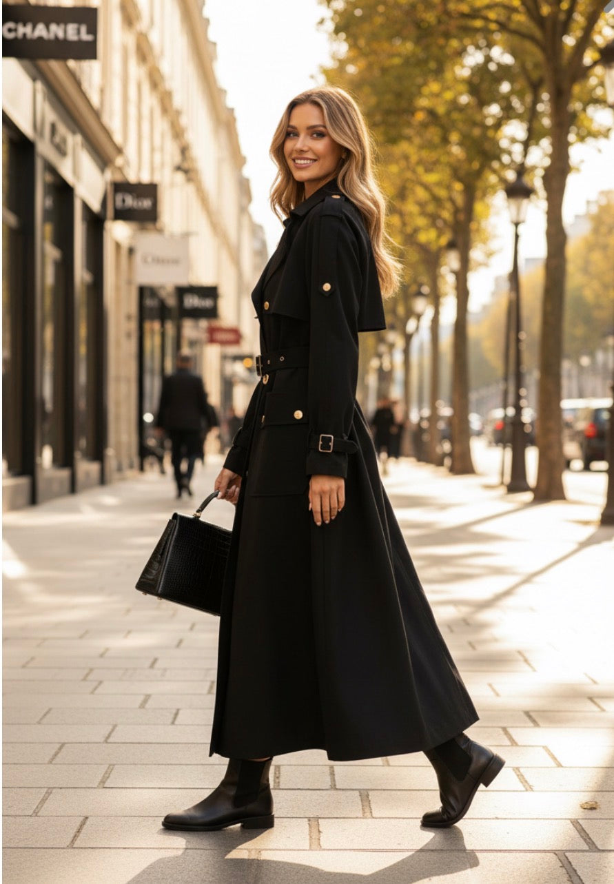 Trench long noir ZAZA — La robe-manteau parisienne