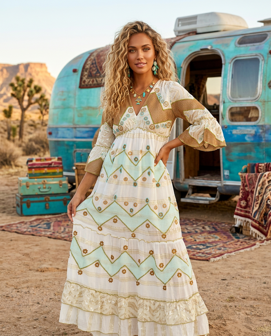 Robe Longue Sequins Dorés Style Manoush – Bohème 🌙