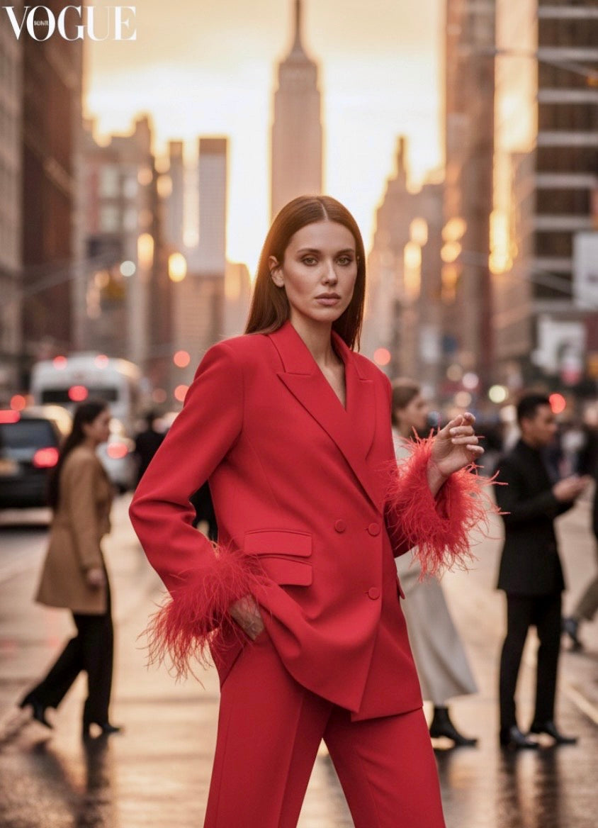 Blazer Chelsea Rouge Plumes – Veste Femme Tendance♥️