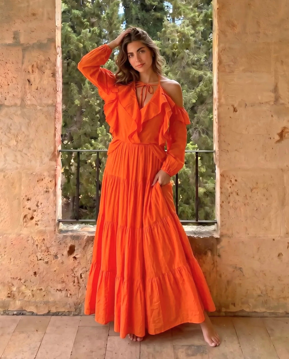 Jupon Long Bohème Orange MÉLODIE – Broderies Florales | Style Gitane | Resort Été