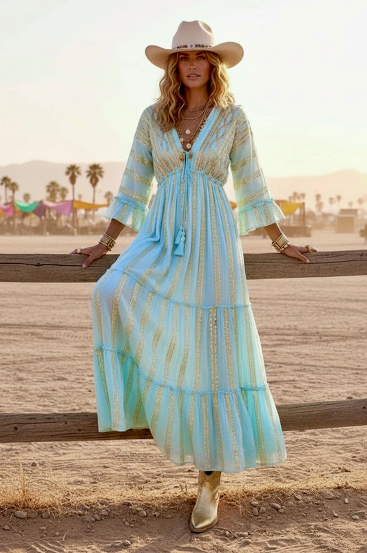 Robe Longue Bohème Gypsy EVA – Tie & Dye Aqua | Paillettes 🌴🌿