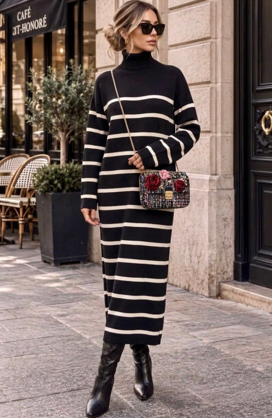 Sac en tweed marine CHANY à fleurs et chaîne dorée