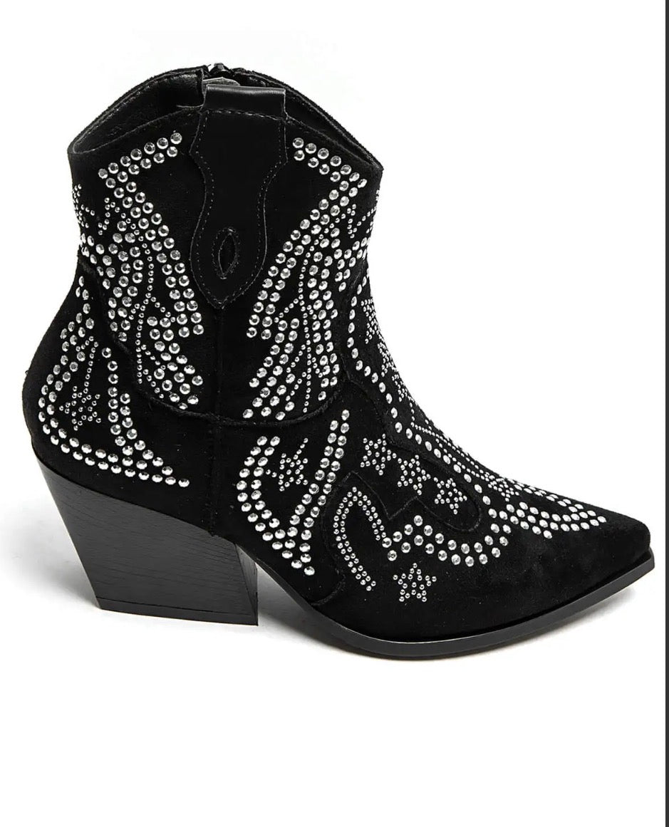 Boots Santiags Noires Cloutées MADISON – Effet Daim Rock Chic
