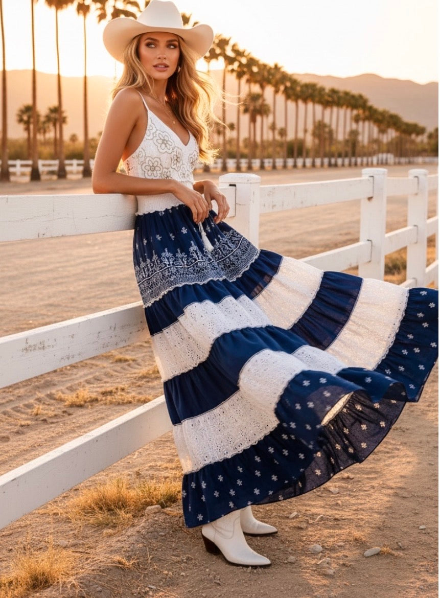 Robe TEXAS 🌵 Boho Chic Jean & Broderies Perles Dorées