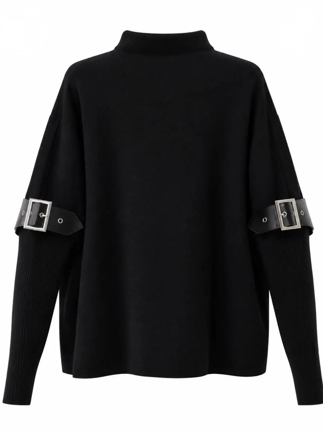 MARINETTE – Pull noir à col montant et boucles argentées