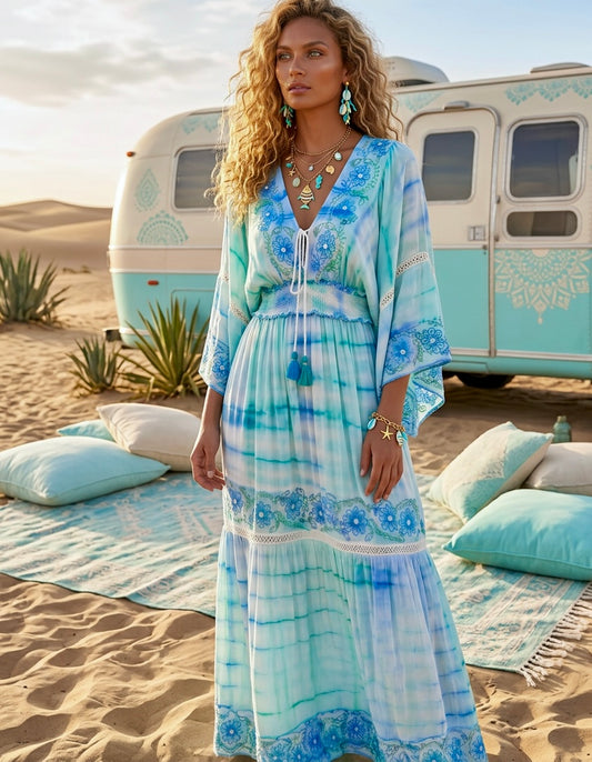 ✨ Robe Longue Tie and Dye Bohème Gipsy JASMINE 🌊 Turquoise et sequins