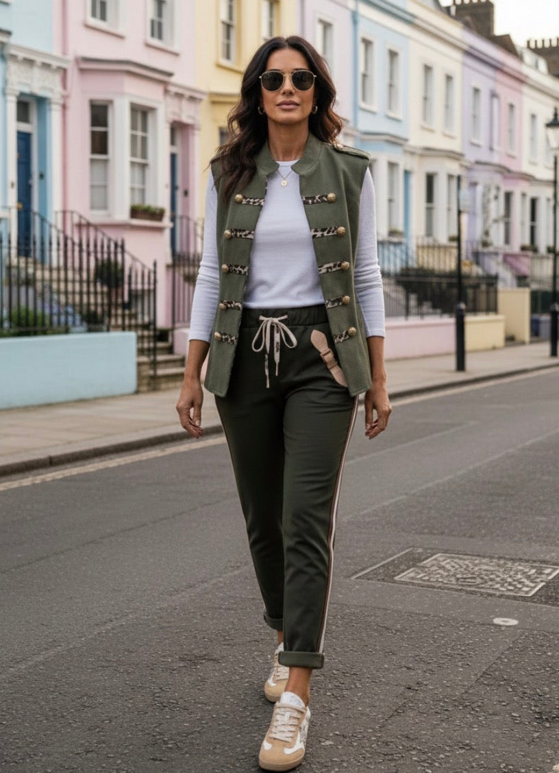 Pantalon LAURIE – Kaki Bandes Crème & Chocolat | Style Jogg Chic