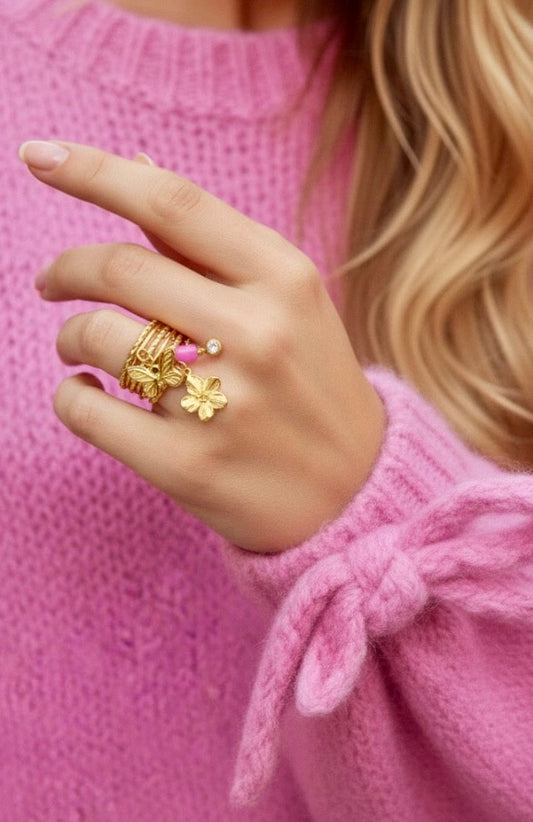 Bague ROSIE — Multi Rangs Dorée Breloques Papillon & Fleur🌸