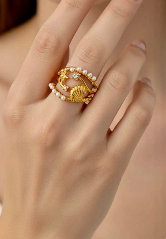 Bague Pluie d'Étoiles ⭐ Or & Perles Nacrées | Esprit Océan & Gypsy