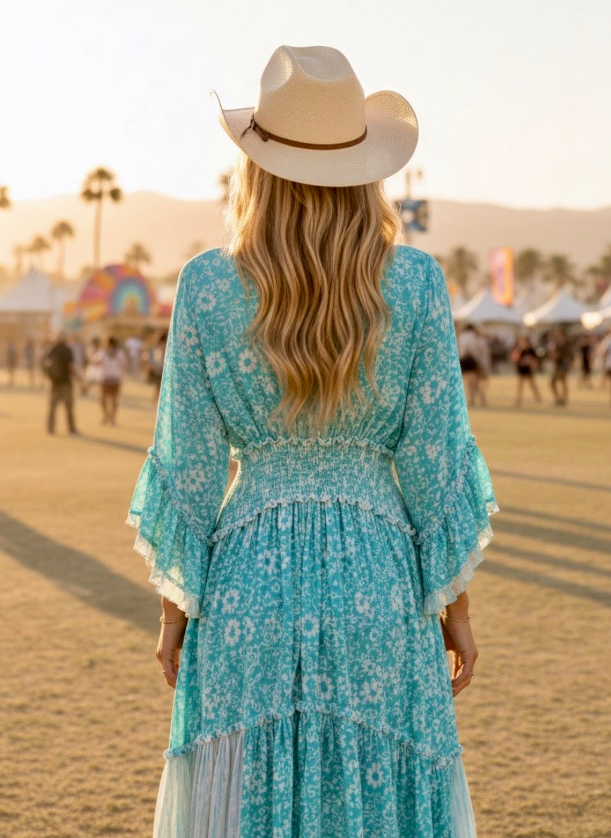 Robe Longue Bohème COACHELLA | Floral Turquoise, Broderie Sequins & Perles💫🌙