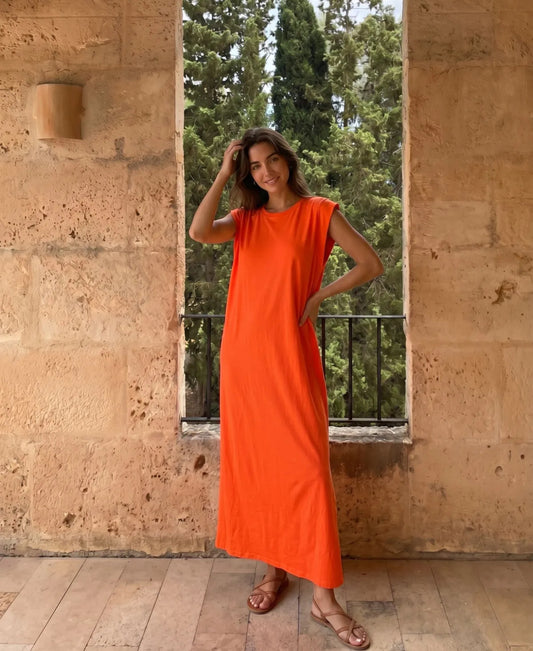 Robe Longue de Plage LADY – Coton Extensible | Col Rond | Élégance Intemporelle Resort