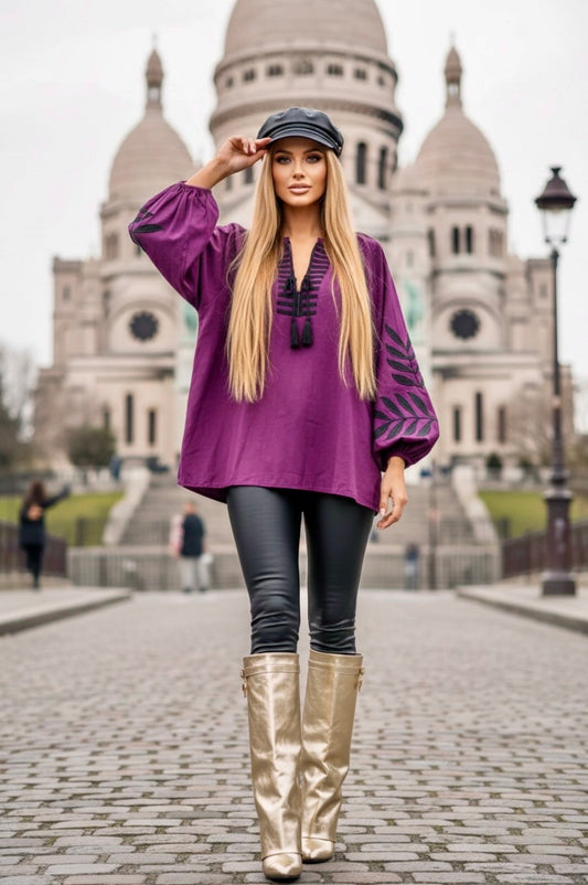 Blouse COLETTE — Violine oversize brodée