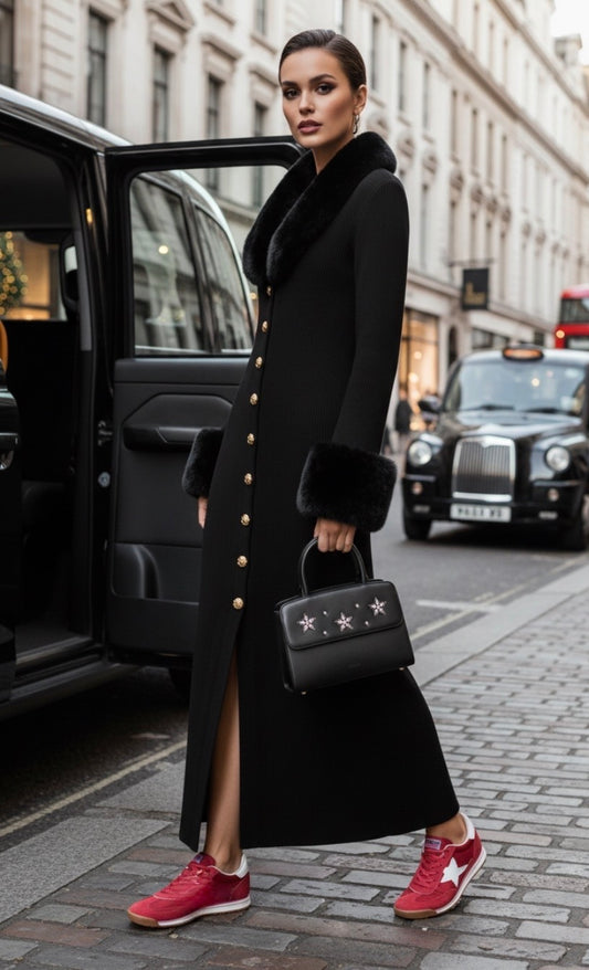 ÉLÉONORE – Robe longue noire maille & fourrure