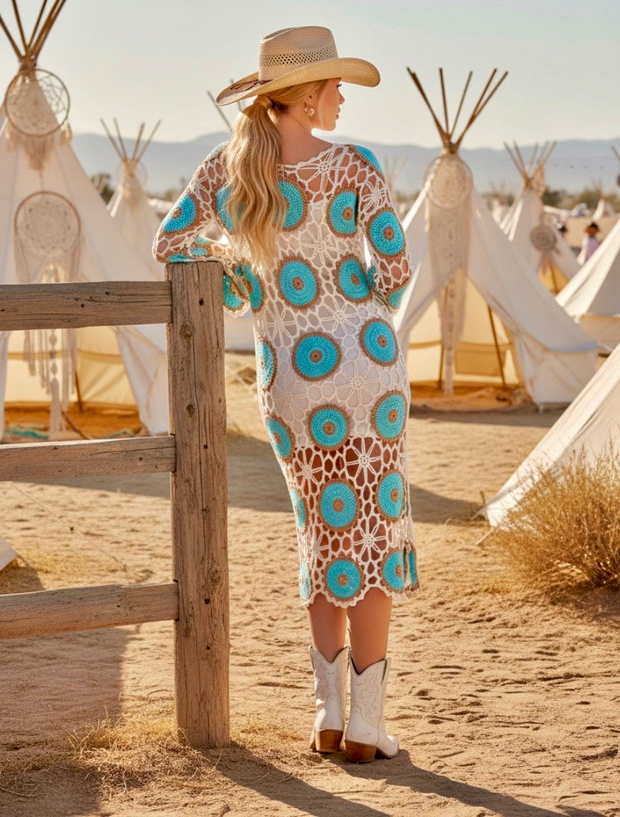 Robe Crochet Turquoise NEVADA – Robe Midi Bohème Ajourée🩵🌴