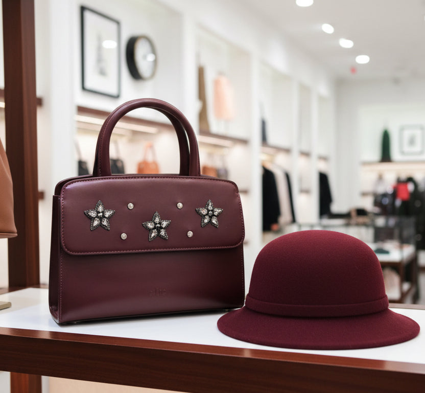 Sac Femme Aubergine STAR – Mini Sac Porté Main Strass Étoiles