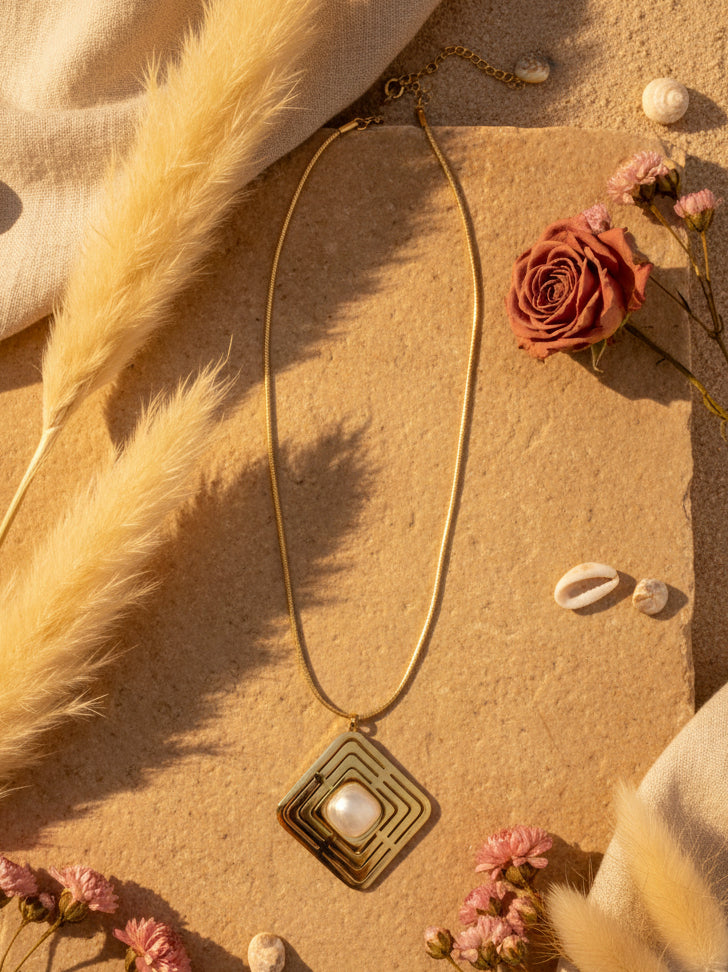 Pendentif Doré Ethnique YASMINE – Pierre Blanche Gipsy Bohème