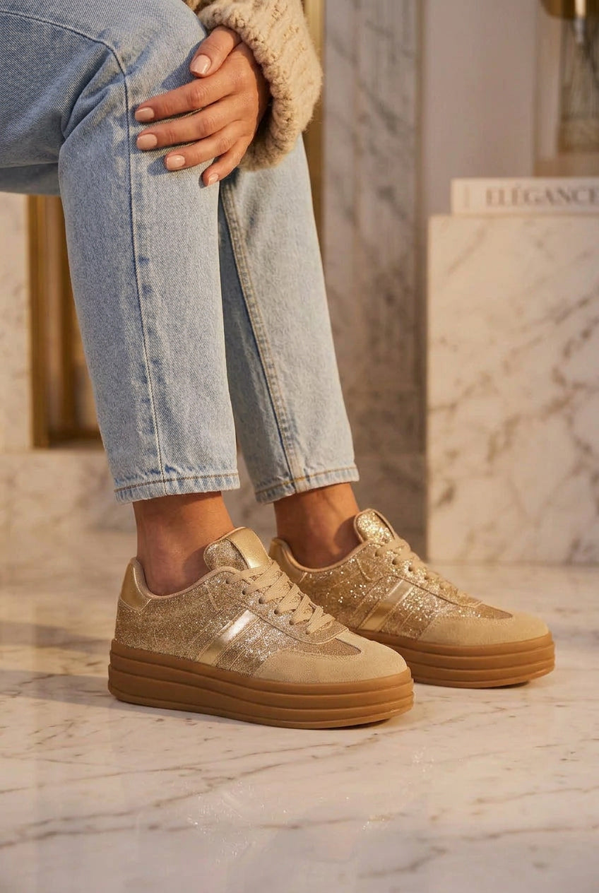 Baskets femme SAMBA à paillettes dorées et beige