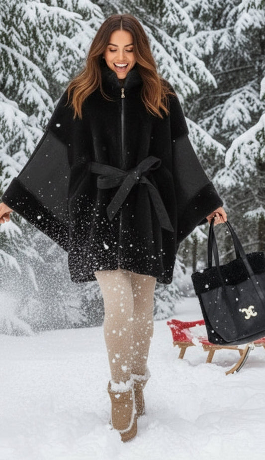 Manteau cape noir fausse fourrure LÉON