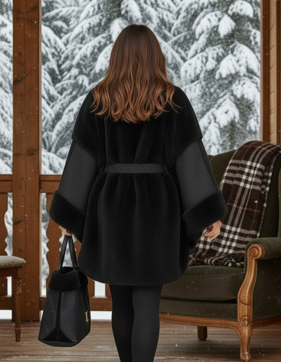 Manteau cape noir fausse fourrure LÉON