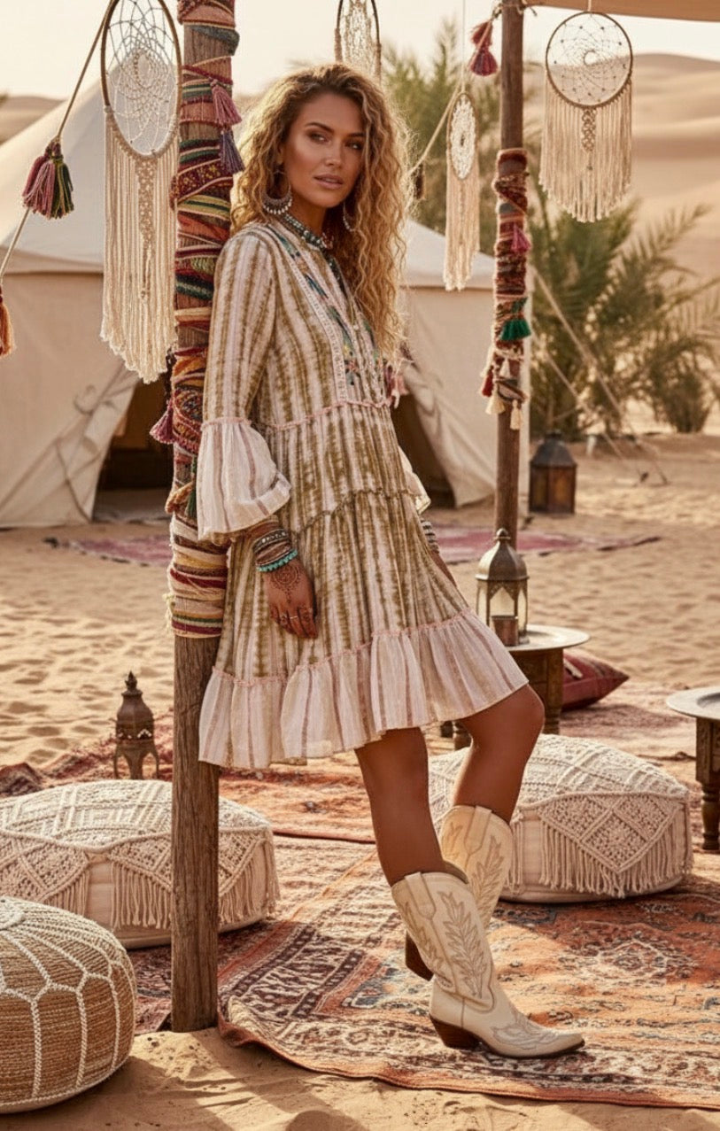 Robe Bohème AURORE ✨ Coton Tie & Dye Broderies Artisanales