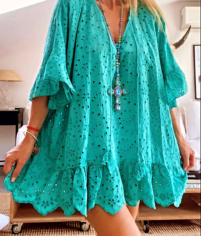 Tunique broderie anglaise turquoise  BETTY