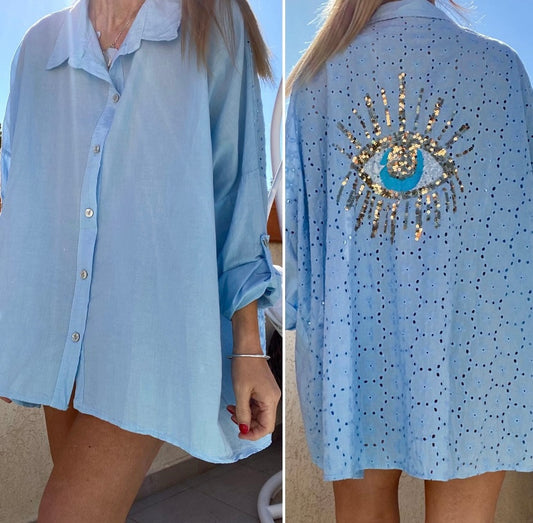 LUCKY eye sky blue shirt with English embroidery