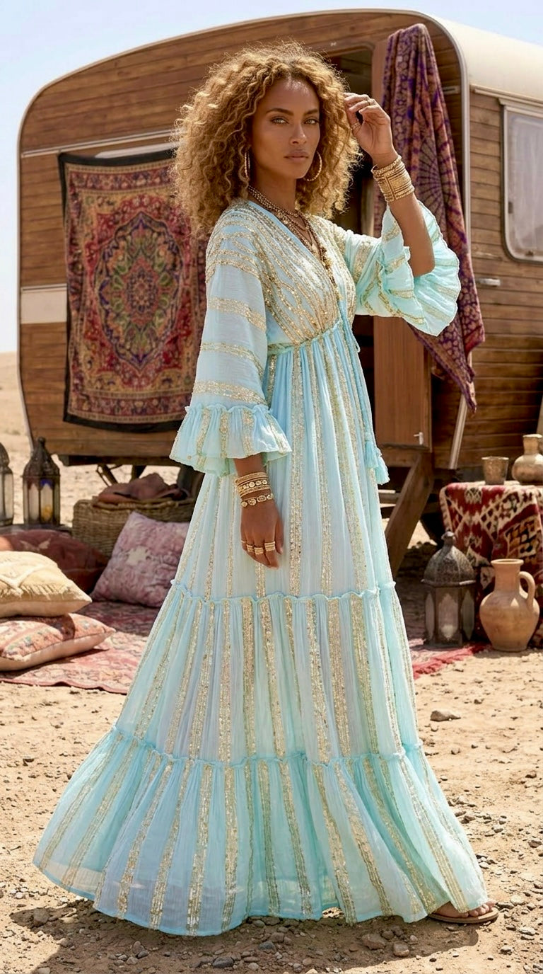 Robe Longue Bohème Gypsy EVA – Tie & Dye Aqua | Paillettes