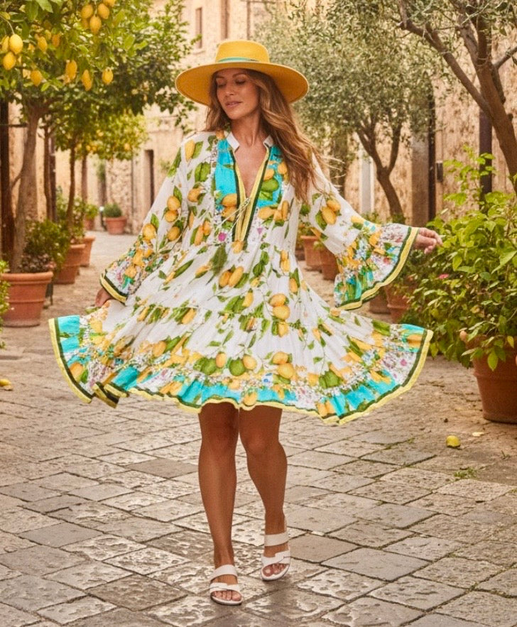 Robe Bohème Citrons LAORA — 100% Coton | Antica Sartoria Positano
