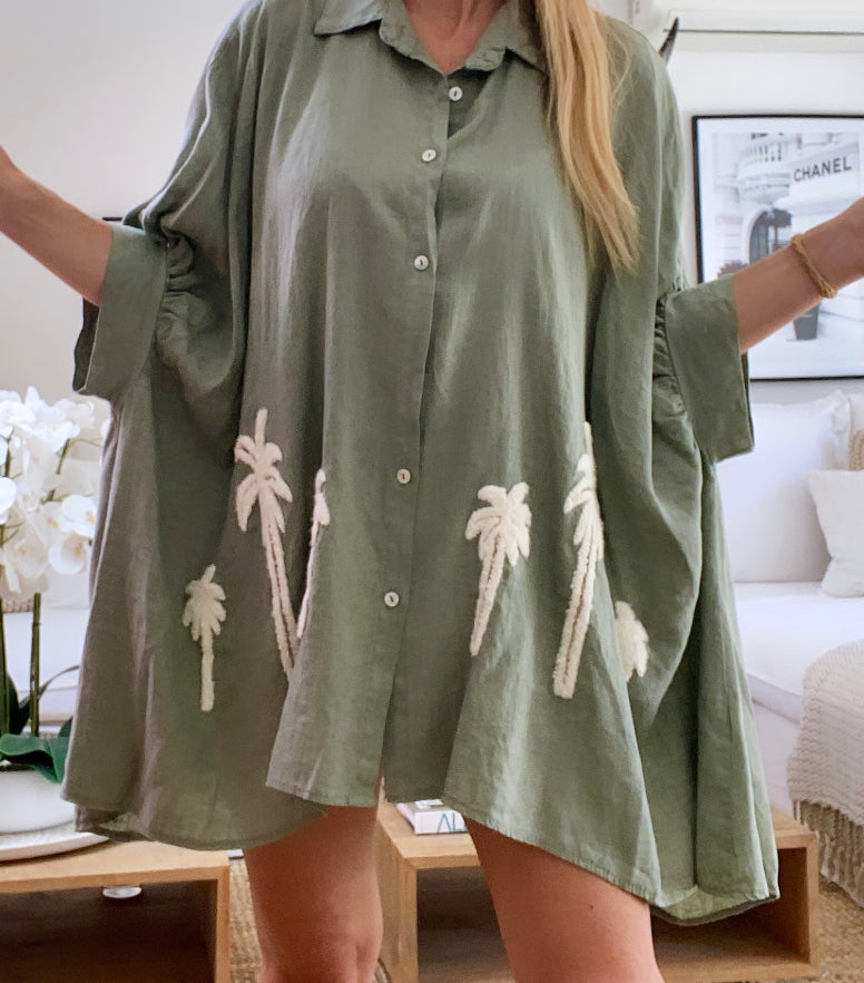 Blouse lin oversize palmiers kaki POPY