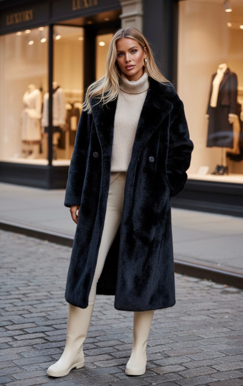 Manteau Long Fausse Fourrure Noir KELSEY