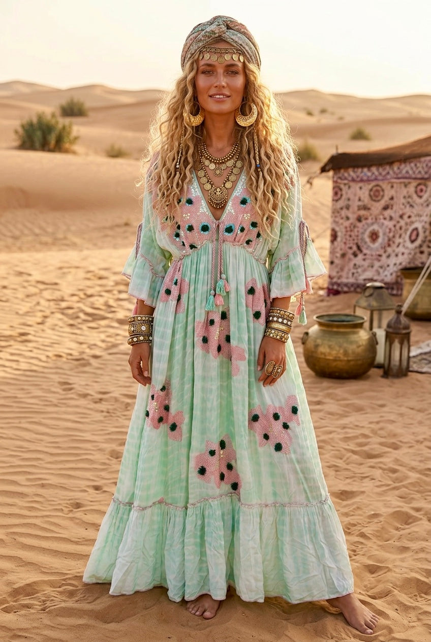 👗 Robe Longue Bohème Gypsy ESME ✨ Tie & Dye Aqua Rose | Broderies & Paillettes 🌸