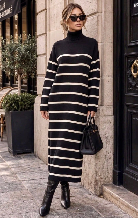 Robe pull marinière en maille noire & col roulé CELINE