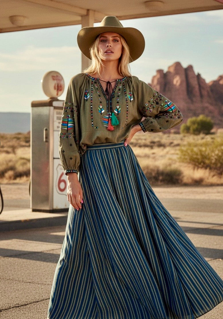 Jupe PERRY Viscose Rayée Bleu Denim
