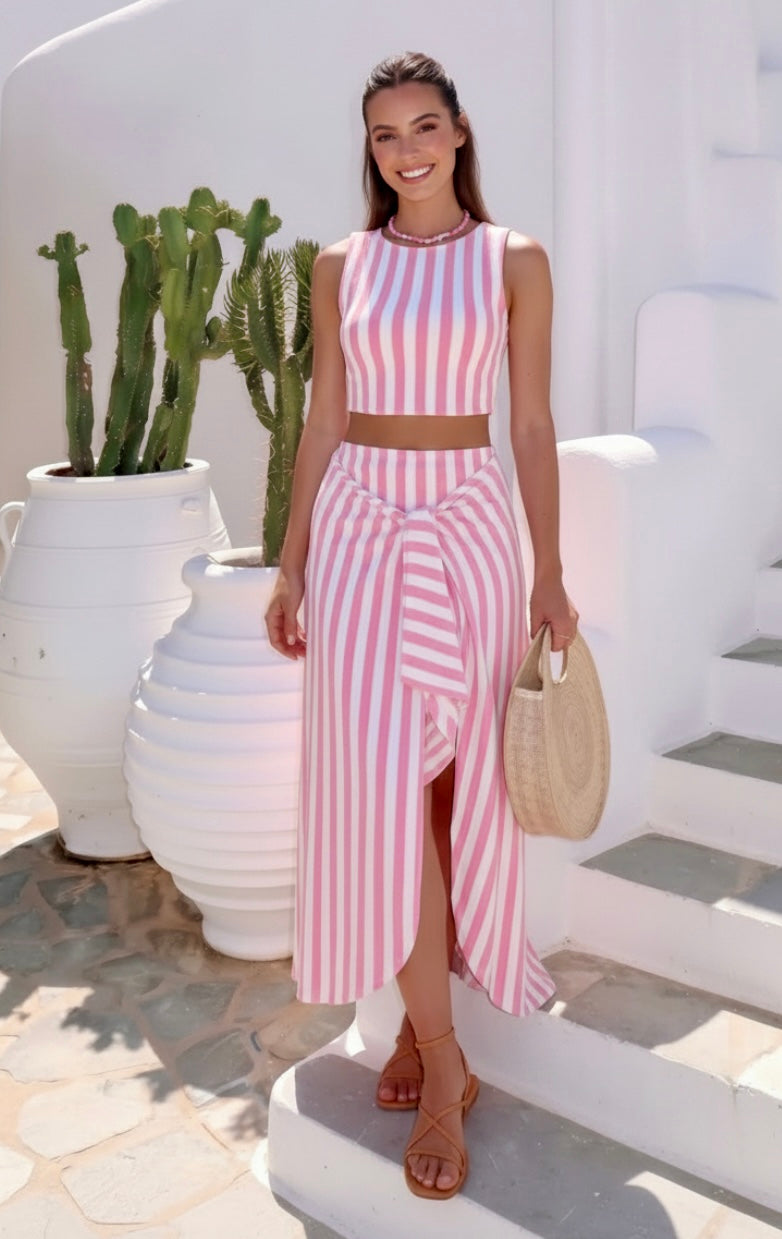 Ensemble Gloria – Top Crop & Jupe Longue Rayures Rose