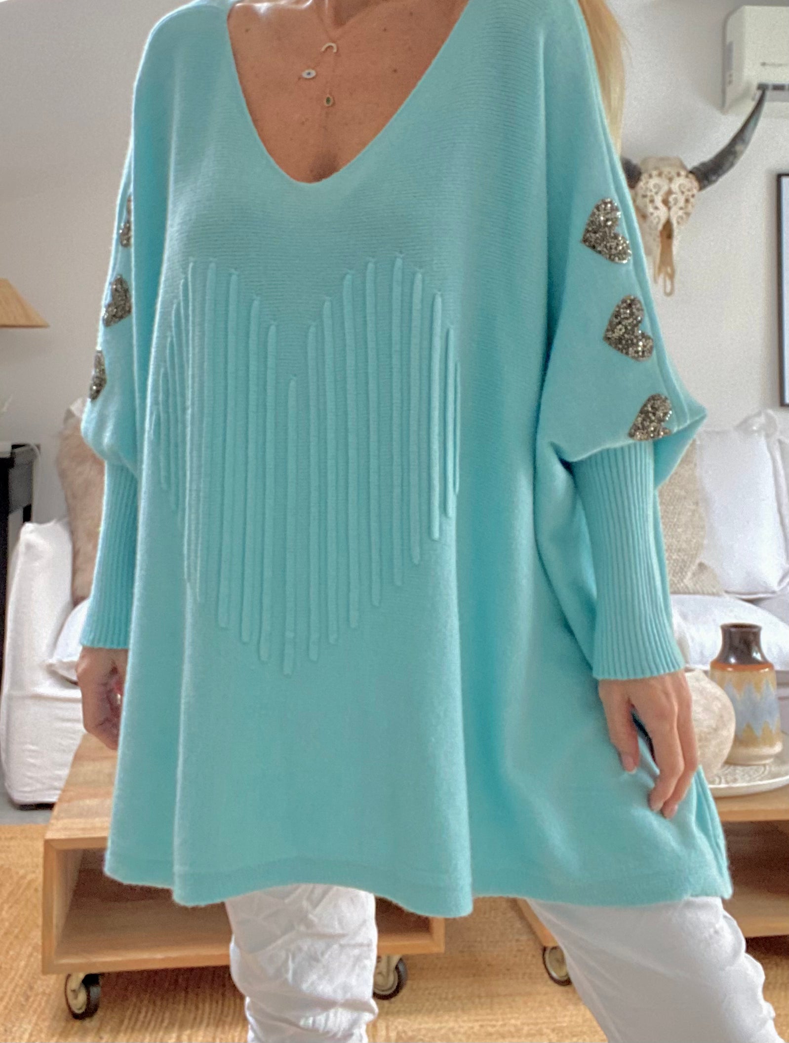 Pull turquoise clair  COEUR