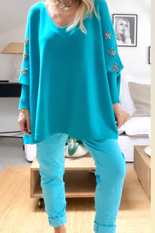 Pantalon toile unie turquoise LÉA 2 tailles