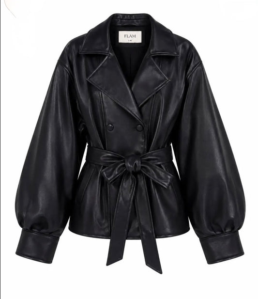 Veste SAMANTHA — Blouson Simili Cuir Manches Ballon & Ceinture