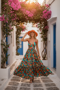 Load image into Gallery viewer, Robe Longue BARI — Imprimé Oranges Turquoise | Antica Sartoria
